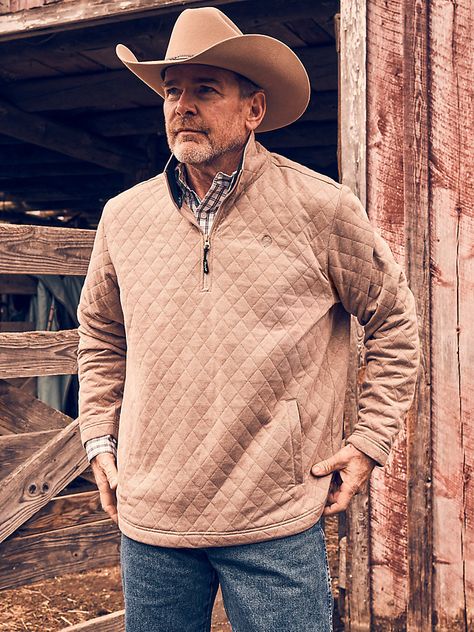 When cool weather comes, our Men's George Strait Quarter-Zip Quilted Pullover will keep you warm, looking sharp, and ready for anything the day brings. It’s made of a cotton fabric blend for lasting softness and easy care. It comes with angled front welt pockets for your essentials plus a 1/4 zip closure to help you shake off the cold in style. Country Fashion For Men, Country Style Outfits Mens, Mens Country Outfits, Outdoorsy Style Men, Mens Western Style, Drip Too Hard, Mens Western Wear, Quilted Pullover, Mens Wardrobe