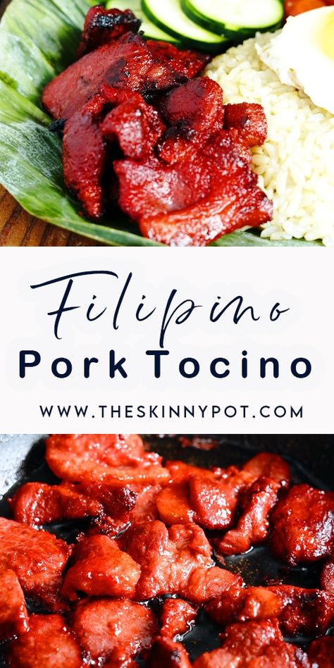 Pork Tocino is a popular Filipino dish typically made from thinly sliced pork meat marinated in sugar, salt, garlic, soy sauce, and coloring. It is then fried until caramelized and slightly charred, resulting in a sweet and savory flavor. Pork Tocino Recipe Homemade, Filipino Pork Tocino, Filipino Pork Recipes Dinners, Pork Belly Recipes Filipino, Pork Shoulder Dinner Ideas, Pork Tongue Recipes, Pork Chop Asian Recipes, Pork Asado Recipe Filipino, Pork Filets Recipes