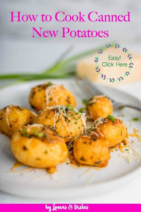 A recipe for canned new potatoes that is YUMMY!  Healthy and can be done in the crockpot, stove top, baked in the oven or roasted.  Use olive oil, sour cream, butter and spices. An easy way to use what's in your cabinet!  Ready in minutes.  Photo by Tatyana Grigoryan #cannednewpotatoes #newpotatoes #howtocookcannednewpotatoes #newpotatoesandgreenbeans  via @loavesanddishes Recipes Using New Potatoes, Crockpot Canned Potatoes, Canned Potatoes In Oven, Oven Roasted Canned Potatoes, Canned White Potatoes Recipes, What To Do With Canned Potatoes, How To Use Canned Potatoes, Whole Canned Potatoes Recipes, Recipes With Canned Potatoes