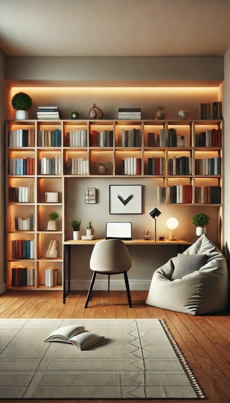 💡 17+ Library Decoration Ideas to Inspire Book Lovers Unique Library Shelves, Library Office Room Ideas, Office Library Combo, Book Themed Room, Library Decoration Ideas, Small Library Room Ideas, Simple Library, Small Library Room, Playroom Library