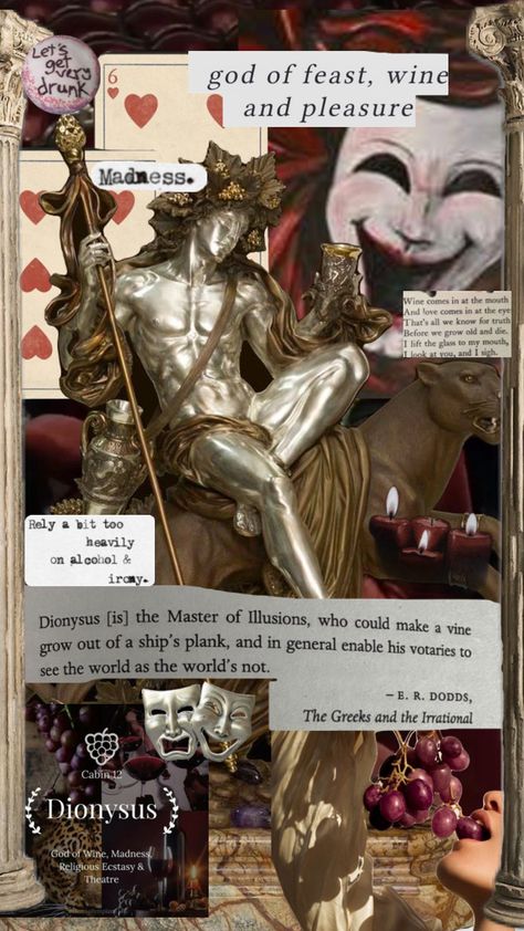 Dionysus board!!! go crazy!! #greekmythology #greekmyth #wine #crazy #percyjackson #dionysus #dionysusaesthetic #queer Greek Pagan, Child Of Dionysus, Cabin 12 Dionysus, Dionysus Cabin, Cult Of Dionysus, Deity Worship, Dionysus God, Hellenic Polytheism, Greek Deities