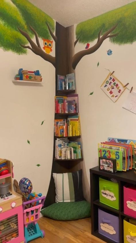 Corner Reading Nook | Daycare decor, Modern kids room, Daycare wall decor Daycare Decor, Daycare Design, Daycare Room, Preschool Classroom Decor, Tree Mural, Playroom Wall Decor, Home Daycare, Daycare Ideas, Playroom Wall