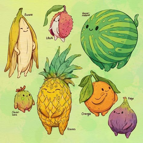 Fruit Illustration Cute, Fruit Cute Drawing, Cute Fruit Art, Cute Fruit Illustration, Drawing Fruits, Fruit Drawings, Gardening Illustration, Fruits Illustration, Fruit Character