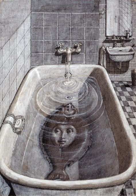 Domenico Gnoli - Woman Sole in Bath Tub Art Sinistre, Edward Gorey, Art Noir, Italian Painters, Arte Inspo, Art Et Illustration, Creepy Art, 판타지 아트, Italian Artist