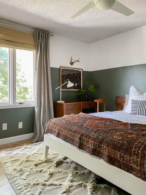 Framed Rug, Modern Eclectic Bedroom, Half Painted Walls, Eclectic Bedroom, Green Bedroom, Spare Bedroom, Bedroom Green, Bedroom Paint, Spare Room