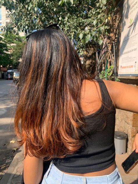 Highlights Brown Hair Indian Skin, Highlights Colour Shades, Hair Colour For Long Hair Highlights, Highlight For Brown Skin, Brown Hair Coloured Streaks, Brown Hair Colour Ideas Highlights, Haircolour For Brown Girl, Hair Colour Ideas Indian Skin, Hair Streaks For Black Hair Indian