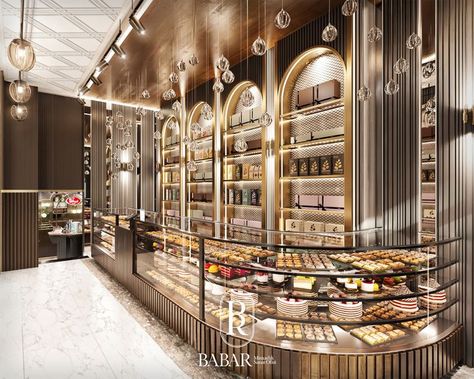 Confectionary Shop Design, Art Deco Bakery, Modern Patisserie, Sweet Shop Interior, Cafe Showroom, Luxury Bakery, Chocolate Store Design, Arcade Architecture, Car Showroom Interior