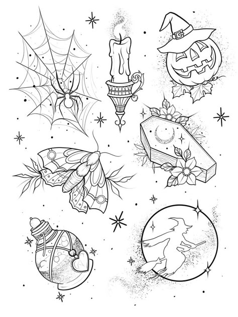 Mystical Flash Tattoo, Cute Mini Halloween Tattoos, Spooky Tattoos Flash, Halloween Tattoo Sketch, Black And White Line Tattoo, How To Draw Witchy Things, Spooky Halloween Tattoos, October Flash Tattoo, Halloween Flash Tattoo Sheet