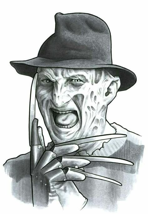 FREDDY KRUEGER Freddy Krueger Black And White, Freddy Krueger Drawing, Freddy Krueger Tattoo, Freddy Krueger Art, Horror Movie Tattoos, Black And White Tattoo, Scary Drawings, Horror Drawing, Movie Tattoos