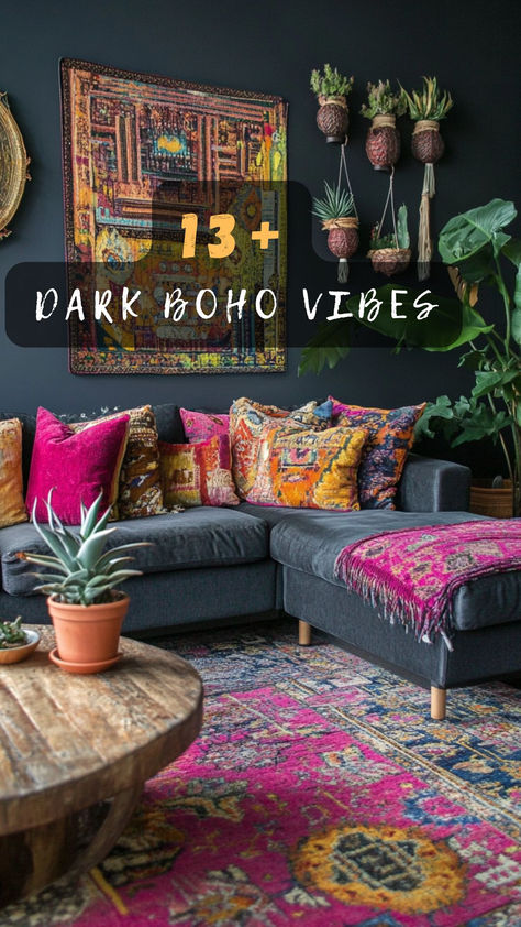 Elevate your living space with dark boho charm! Click to discover 13 ideas that blend rich colors and eclectic vibes. 🌑🌿 #BohoLivingRoom #DarkBoho #InteriorDesign #HomeDecor #EclecticStyle Jewel Tone Lounge Room, Dark Green Living Rooms Ideas, Black Walls Bright Decor, Dark Boho Chic Living Room, Cozy Living Room With Pops Of Color, Living Room Designs Jewel Tones, Boho Vintage Decor Living Room, Thrifted Living Room Aesthetic, Dark Couch Bright Living Room