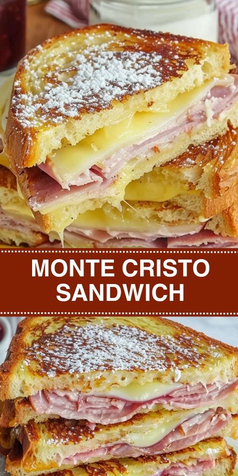 Discover the ultimate Monte Cristo Sandwich recipe, perfect for a hearty breakfast or a satisfying lunch. This classic sandwich combines layers of Swiss cheese, deli turkey, and ham between slices of soft white bread, all dipped in a rich egg mixture and cooked to golden perfection. Serve it with a sprinkle of powdered sugar and a side of strawberry jam for an irresistible sweet and savory experience. Ham And Swiss Panini Recipes, Monte Crisco Recipe, Ham And Swiss Breakfast Sandwich, Classic Monte Cristo Sandwich, How To Make Monte Cristo Sandwich, Turkey Ham Sandwich Recipes, Ham And Swiss Sandwiches Baked, Turkey Monte Cristo Sandwich, Classic Sandwich Recipes