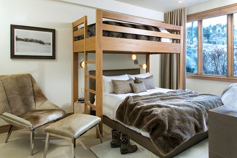 A Ski Condo in Sophisticated Neutrals Ski Condo Decor Interior Design, Ski Condo Decor, Ski Cottage, Hanging Lounge Chair, Lodge Bedroom, Ski House Decor, Mountain Condo, Ski Condo, Ski Lodge Decor