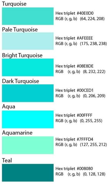 Any color but pale or teal are shades I like and would use. Basically anything from ice cream green - Tiffany blue and anything in between but Aqua/turquoise is a safe bet for a color. Any shade bright or light...there will be something similar and blend able for either gender. Costal Colour Scheme, Permaculture Farm, 블로그 디자인, Teal Wedding Colors, Teal Color Palette, Shades Of Blue And Green, Turquoise Color Palette, Different Shades Of Blue, Teal Accents