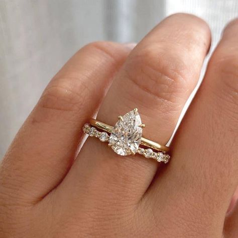 Pear Engagement Ring With Stacked Bands, Wedding Rings To Go With Pear, Pear Solitaire Wedding Ring Set, Wedding Bands And Engagement Rings Set, Gold Solitaire Pear Engagement Ring, Wedding Band With Teardrop Ring, Pear Engagement Ring Gold Wedding Set, Pear Ring With Gold Band, Pear Ring And Wedding Band