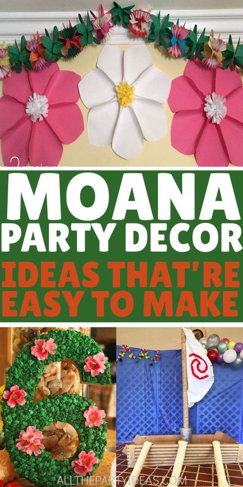 Disney princess MOANA PARTY DECORATIONS on a budget for kids birthdays for girls and boys, baby shower, wedding, or other celebration. Cheap DIY party decor ideas or cheap party supplies. Simple tutorials for backdrops with balloons and streamers, centerpieces for dessert tables from recycled materials and lots of free printables. Invitations, birthday banners, food tags, goodie bags and more featuring Maui, boat, flowers, beach ocean island, Te Fiti, and kora symbol Moana Diy Decorations, Diy Moana Boat, Moana Centerpieces Ideas, Moana Cast, Backdrops With Balloons, Moana Birthday Banner, Party Decorations On A Budget, Moana Centerpieces, Diy Party Decor Ideas