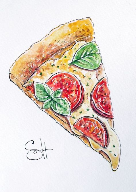 Pizza Drawing, Markers Drawing Ideas, American Traditional Tattoo Ideas, Traditional Tattoo Ideas, Pizza Art, Art Tutorials Watercolor, Watercolor Food, Food Illustration Art, Art Drawings Sketches Pencil