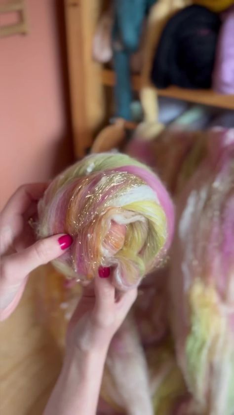 Part 2, the spinning! Shall I film a reel of me weaving into a wall hanging using all the fibres at the end? 🌸✨ #oddlysatisfying #processvideo #handdyed #wovenart #yarn #wool #weaving #handwoven #handmade #interiorinspo #crafting #crafts #handspun #fibreart #fiberart #diyproject #drumcarder #crafttutorial #wovenwallhanging #blendingboard #tapestry #satisfyingvideo #relaxingvideo #relaxingvideo #asmrvideo #weavingloom #artyarn #largewallart #woventapestry | Made Weave Love | The Macarons Project Wool Weaving, Art Yarn Handspun, Art Yarn, Craft Tutorial, Weaving Art, Woven Wall Hanging, Loom Weaving, Tapestry Weaving, Yarn Art