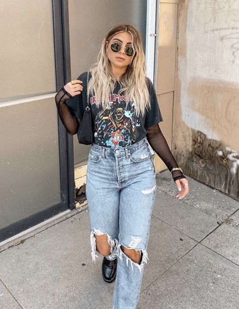 Edgy Chic Winter Outfits, High Waisted Jeans Crop Top Outfits, Grunge Old Money Outfits, Oval Body Shape Outfits For Women, Winter Jam Concert Outfits, Outfit Ideas Rocker Chic, Cute Festival Outfits Casual, Maverick City Concert Outfit, Mesh Shirt Styling