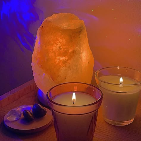 Rock Lamp Decor, Cosy Autumn Bedroom Aesthetic, Candles And Crystals Aesthetic, Salt Lamps Aesthetic, Salt Rock Lamp Aesthetic, Salt Lamp Aesthetic, Candles Aesthetic Bedroom, Salt Aesthetic, Aesthetic Bedside Table