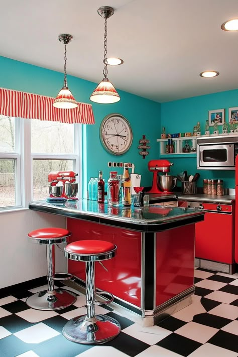 Experience the charm of the latest kitchen design with a bold retro twist! Vibrant red appliances, sleek black countertops, and nostalgic décor bring energy and style to any home. Perfect for lovers of vintage aesthetics. #LatestKitchenDesign #HomeDecor #RetroKitchen Red Retro Kitchen, Retro House Decor Ideas, 50’s Kitchen, Rockabilly Home Decor, Retro Kitchen Ideas, Red Appliances, Retro Dining Room, Diner Kitchen, 90s Kitchen