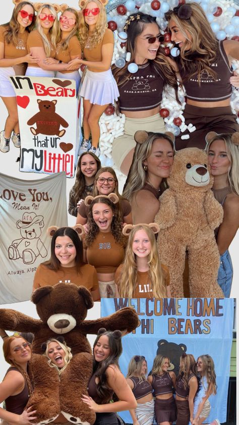 Sorority Big Little Reveal Bear Theme! bear costume and brown outfit. #sororitybiglittlereveal #biglittlereveal #biglittle #sororitylife #sorority #bamarush #bama #sororityrecruitment #beartheme #bear #bearcostume #bearheadband #alabama #greeklife #panhellenic #biglittletheme #cutebiglittle #cutebiglittlereveal #bearbiglittlereveal Big Lil Gifts, Sorority Big Little Reveal, Big/little Baskets, Big Little Basket, Big Lil, Sorority Rush, Bid Day Themes, Sorority Big Little, Bear Costume