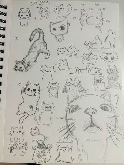 Anime Cat Tutorial, Kawaii Drawing Inspiration, Paper Cats Diy, Kawaii Sketches Easy, Cool Cat Doodle, How To Draw Cat Head, Cartoon Cat Drawing Sketch, Ink Cat Drawing, Cute Art To Draw