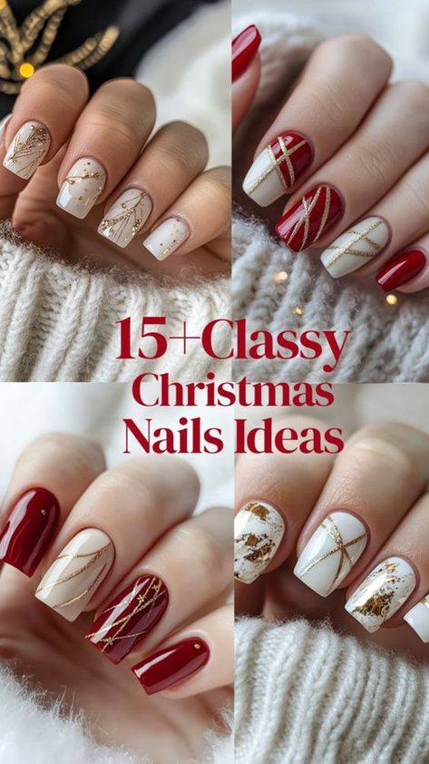 Get festive with these stunning Christmas nails! Featuring simple designs with elegant gold lines, these nails are perfect for adding a touch of holiday sparkle. 🎄✨ Click to explore 15+ more beautiful nail designs that will make your holiday season shine! #ChristmasNails #NailArt #HolidayNails #GoldNails #NailDesigns Nail For Christmas Holiday, Manicure Ideas For Christmas, 2024 Xmas Nails, Christmas Nail Red And Gold, Christmas Nails 2025 Trends, 2024 Christmas Nails Short, Red Nails For Christmas Holidays, December Nails Christmas Xmas Red, Holiday Nails Winter Christmas Classy