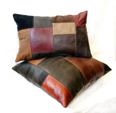 Upcycled Leather Patchwork Pillows - Made from Leather Coats, Garments, and Leftover Upholstery Samples - Handmade by Uptown Redesigns (www.uptownredesigns.com) Patchwork Pillows, Leather Pillows, Leather Cushions, Leather Scrap, Bantal Sofa, Upcycled Leather, Leather Scraps, Leather Coats, Patchwork Pillow