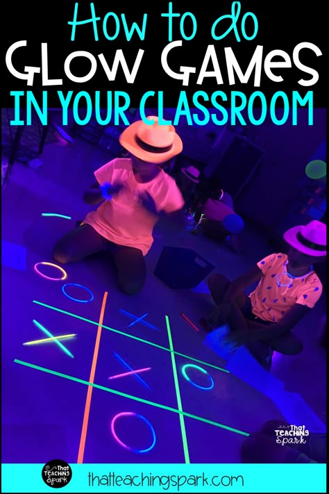 How to do a Glow Games Room Transformation Glow Classroom, Glow Party Games, Games In The Classroom, Neon Tape, Glow Games, Glow Day, Glow Stick Party, Glow In Dark Party, End Of Year Party