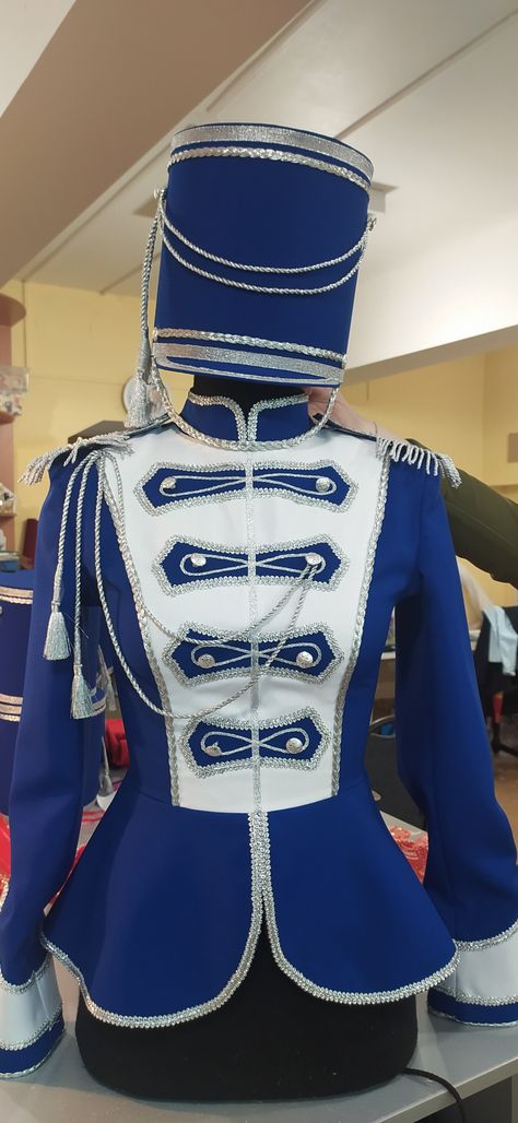 Blue Marching Band Uniform, Drum And Lyre Uniform, Blue Majorette Uniforms, Band Uniforms Design, Marching Band Uniforms Design, Drum Major Uniforms, Marching Band Outfits, Majorette Uniforms, Military Inspired Fashion