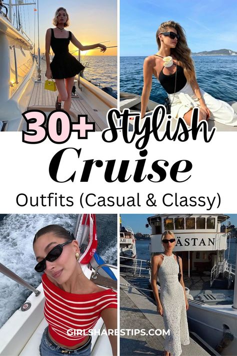 Discover 30+ elegant and trendy cruise ship outfits perfect for a boat day. Learn what to wear for a 7 day Mediterranean or Caribbean vacation, with chic and classy styles ideal for dinner, Lake Como, Mexico, Italian summer, Los Angeles, and Ibiza. Perfect for your holiday or honeymoon! Yacht Outfit Women Classy Summer, Yacht Look Women, Outfits To Wear On A Boat, Brunch Boat Outfit, Yacht Clothes Women, Dubai Yacht Outfit, Italian Dinner Outfits Women, What To Wear On A Yacht Outfit, Boating Outfit Women Summer Casual