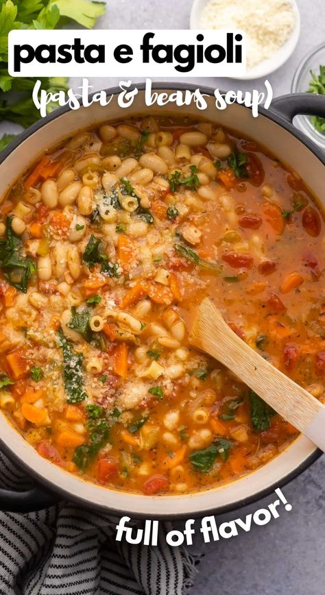 Pasta Fagioli is an Italian soup that always satisfies! It's a pasta and bean soup that's bursting with savory flavor from pancetta, garlic, tomato paste, parmesan and more. You can call it pasta fazool if you want - I just call it delicious! #soup #dinner | soup recipe | dinner ideas | easy dinner recipe | bean soup | pasta soup | ditalini | comfort food Classic Pasta Fagioli, Giada Pasta Fagioli, Chicken Pasta Fagioli Soup, Pasta Fagioli Sausage, Crockpot Fagioli Soup, Pasta And Fagioli Italian, Italian Bean Soup Pasta E Fagioli, Ditalini Pasta Recipes Vegetarian, Pasta Fazul Soup