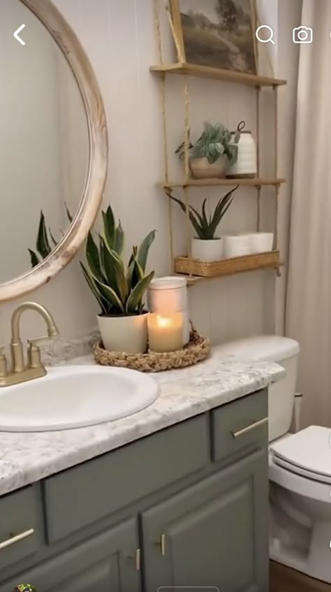 Green And Gold Guest Bathroom, Boho Sage Green Bathroom, Sage Green Boho Bathroom Ideas, Sage Gold Bathroom, Sage Green And Gold Bathroom Ideas, Sage Green Guest Bathroom, Beige And Sage Bathroom, Sage And Wood Bathroom, Sage Bathroom Ideas Decor