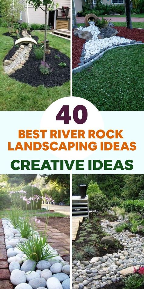 Enhance the beauty of your outdoor space with these top river rock landscaping concepts. Infuse natural elements into your landscape by incorporating river rocks to create charming borders around garden beds. Construct a captivating rock garden by blending varied sizes and hues of river rocks with resilient succulents and ornamental grasses for a water-efficient and easy-to-maintain setup. For a fluid connection between water features and land, consider lining the edges with river rocks. River Rock Dry Creek Bed, Plants For River Rock Bed, Hill Rock Garden, Rock Beds Front Of House, Rocks Along House, River Rock In Landscaping, Diy Easy Front Yard Landscape Ideas, Gutter Drainage Ideas River Rocks, Dry Stream Landscaping