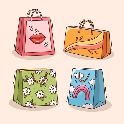 Free vector hand drawn shopping bag cart... | Free Vector #Freepik #freevector #pay #beautiful #fashionable #illustration Shopping Bags Drawing, Shopping Bag Drawing, Shopping Doodles, Shopping Bag Illustration, Shopping Cartoon, Bag Doodle, Banners Design, Bag Illustration, Bag Cartoon