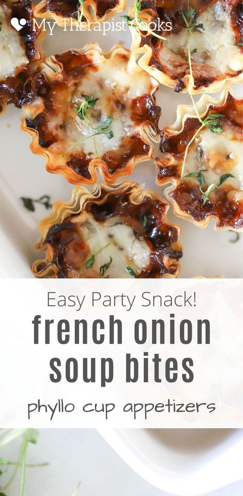 French Onion Soup Bites, Panera French Onion Soup, Phyllo Cup Appetizers, Cup Appetizers, Onion Appetizers, French Appetizers, Party Snacks Easy, Phyllo Cups, Fancy Appetizers