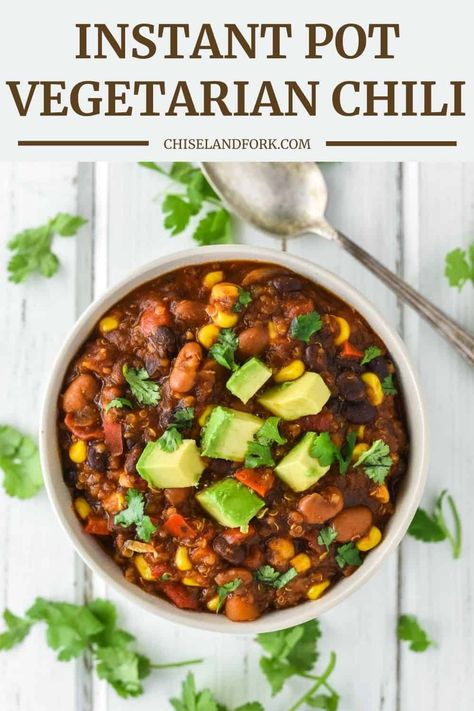 This Instant Pot vegetarian chili doesn't have any meat but you won't be missing it with the flavors that come together quickly in the Instant Pot. #instantpotvegetarianchili #vegetarianchili #veggiechili #instantpotsoup #instantpot | chiselandfork.com Instant Pot Vegetarian Chili, Healthy Recipes For Family, Sweet Potato Black Bean Chili, Vegetarian Chili Easy, Instant Pot Vegetarian, Instant Pot Recipes Vegetarian, Vegetarian Chili Recipe, Veggie Chili, Chili Recipe Crockpot