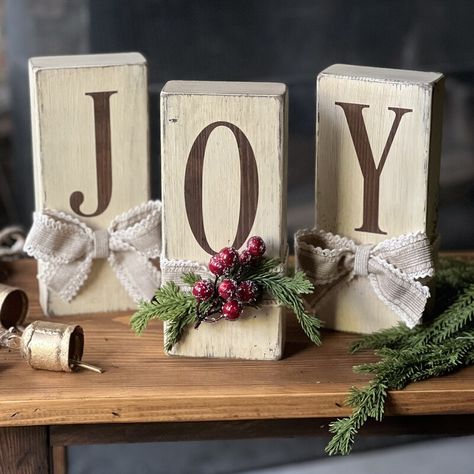 Joy Vintage Wood Block Set, Christmas Wood Blocks, Holiday Decorations, Mantle Decoration, Tabletop Decor, Christmas Gift | MakerPlace by Michaels Wood Block Nativity Diy, Christmas Wood Blocks Diy, Christmas Wood Block Crafts, Wood Block Crafts Christmas, Christmas Blocks Wooden Diy, Wooden Blocks Decor Craft Ideas, Scrap Wood Christmas Projects, Christmas Wood Blocks, Painted Wood Blocks