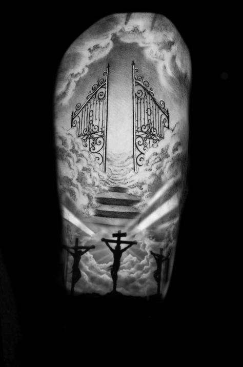 Tattoos Heaven, Heavens Gates Tattoo Design, Staircase Tattoo, Stairs To Heaven Tattoo, Made In Heaven Tattoo, Gates Of Heaven Tattoo, In Heaven Tattoo, Stairway To Heaven Tattoo, Heaven Tattoo