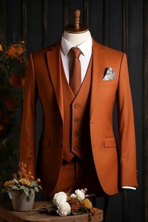 Terracotta Vest Groom, Burnt Orange Suits For Men Wedding, Terracotta Suit Men, Orange Groomsmen Attire, Winter Groom, Mens Wedding Suit, Fall Wedding Suits, Suit For Groom, Rusting Wedding