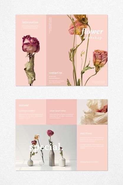 Brocher Design Layout, Minimalist Brochure Design Inspiration, Leaflet Design Inspiration, Workshop Flyer Design, Flower Shop Flyer, Flyer Design Inspiration Layout, Modern Flower Shop, Shop Flyer Design, Beauty Brochures