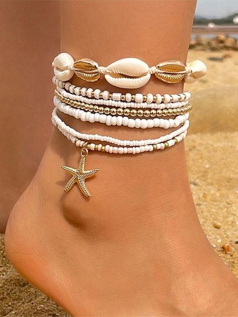 7pcs Bohemian Style Beachy Sea Star, Shell And Rice Bead Elastic Anklet Set, SummerI discovered amazing products on SHEIN.com, come check them out! Beachy Bracelets, Thigh Chain, Surf Jewelry, Preppy Jewelry, Locket Bracelet, Women Anklets, Rice Bead, Summer Bracelets, Sea Star