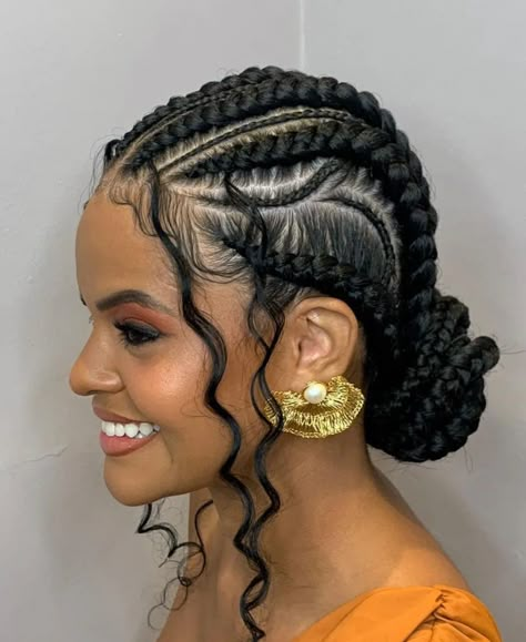 Low Ponytail Hairstyles For Black Women Braids, Short Quick Braided Hairstyles, Easy Braid Protective Styles, Braid And Ponytail Hairstyles Black, Two Feed In Braids With Boho Hair, Cornrows And Ponytail Hairstyles, Boricua Hairstyles, Quick Scalp Braid Styles, Stitch Braid Bun With Curls