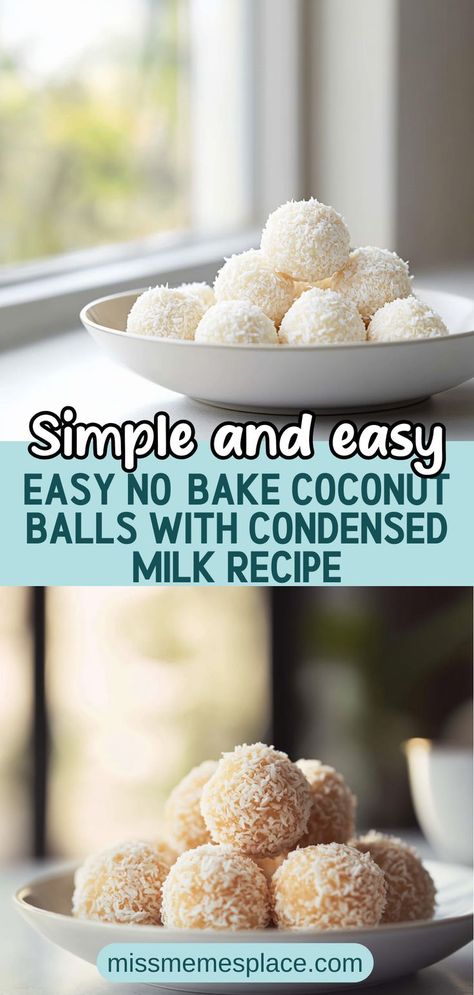 Discover the ultimate sweet treat with this Easy No-Bake Coconut Balls with Condensed Milk recipe. Perfect for any occasion, these coconut delights are made with just a handful of ingredients including shredded coconut and sweetened condensed milk. In less than an hour, you can create mouthwatering coconut balls that are sure to impress. Whether served at a party or enjoyed as a quick snack, this no-bake dessert is a crowd-pleaser that will satisfy your sweet cravings! Sweetened Condensed Milk Coconut Balls, Sweet Coconut Recipes, Dates And Coconut Recipes, Vegan Recipes Using Sweetened Condensed Coconut Milk, Easy Recipes With Coconut Milk, No Bake Sweetened Condensed Milk Recipes, Condensed Coconut Milk Recipes Desserts, Coconut Balls No Bake Condensed Milk, Coconut Sweets Recipes