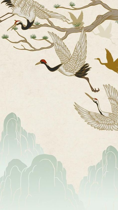 Crane Wallpaper Iphone, Japanese Illustration Wallpaper, Japanese Art Wallpaper Iphone, Korean Art Wallpaper, Chinese Art Wallpaper, Japanese Crane Wallpaper, Fish Iphone Wallpaper, Iphone Wallpaper Japanese, Japanese Pattern Wallpaper