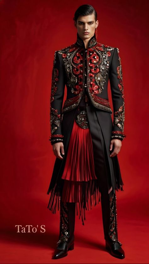 Spain Flamenco, Embroidery Artwork, King Costume, S Embroidery, Night Club Outfits, Culture Clothing, Red Embroidery, Military Style Jackets, Black Embroidery