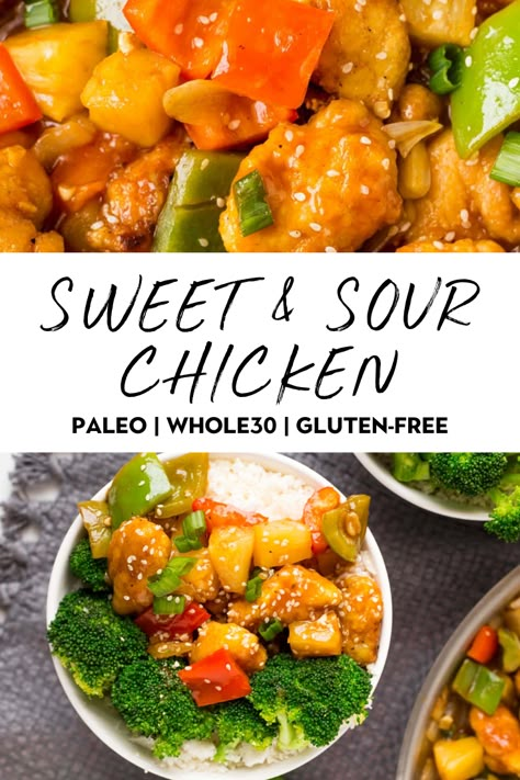 You won't miss take out with this healthy sweet and sour chicken. With crispy chicken, bell peppers, pineapple, and onion, it taste just like your favorite Chinese restaurant. All topped with a sweet and savory sauce you'll love! Paleo, Whole30, gluten free, and soy free too! #sweetandsourchicken #whole30chicken #paleo #glutenfree Whole 30 Sweet And Sour Chicken, Whole30 Sweet And Sour Chicken, Whole 30 Pineapple Chicken, Aip Sweet And Sour Chicken, Glutton Free Dinner Ideas, Paleo Sweet And Sour Chicken, Whole 30 Chinese Food, Healthy Sweet Sour Chicken, Paleo Pineapple Chicken