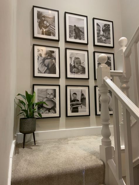 Use of iPhone photos and IKEA frames to create a budget solution to bring depth to a bland space. Staircase Gallery Wall, Stair Wall Decor, Staircase Gallery, Staircase Wall Decor, Stair Wall, Photo Wall Decor, Hallway Designs, Gallery Wall Ideas, Stair Decor