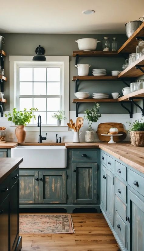 22 Inspiring Rustic Farmhouse Kitchen Ideas for Your Home Cabin Open Shelving Kitchen, Sleek Farmhouse Kitchen, Open Shelving In Galley Kitchen, Aqua Farmhouse Kitchen, Farmhouse Kitchen With Tile Floor, Vintage Farmhouse Interior Design, Rustic Cabinets Farmhouse Style, Kitchen Ideas With No Upper Cabinets, House Decor Old Fashioned