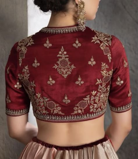 Velvet Lehenga Blouse, Khat Work Blouse Design, Marodi Work Blouse, Lehengas 2023, Red Blouse Designs, Zardozi Work Blouse, Front Neck Design, Red Blouse Design, Velvet Blouse Design